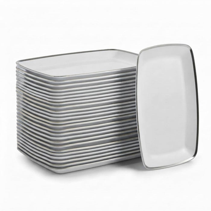 Glownary Coupe Dynasty Rectangular Plastic Platter, White with Silver Band, 12.75 x 8.25 Inch, 120 Count, BPA Free, for Events and Weddings