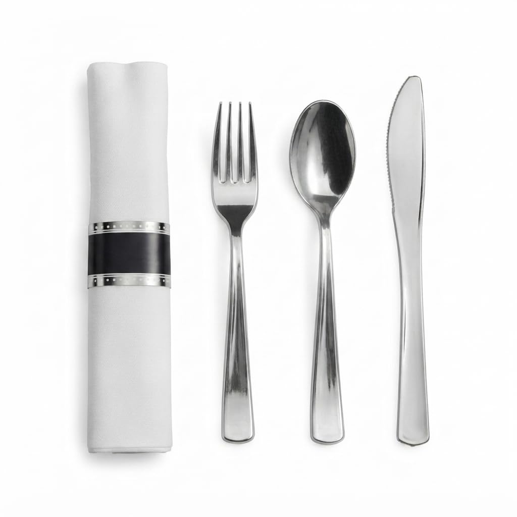 Glownary Silver White Plastic Dinnerware Set, 120 Settings with Plates, Flatware and Napkins, 6-10 Inch, Square, Disposable Party Wedding Tableware