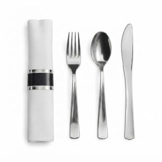 Glownary Silver White Plastic Dinnerware Set, 120 Settings with Plates, Flatware and Napkins, 6-10 Inch, Square, Disposable Party Wedding Tableware