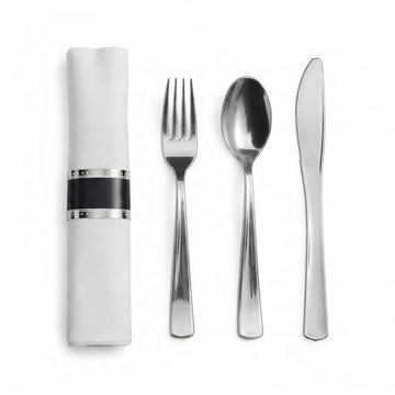 Glownary Silver White Plastic Dinnerware Set, 120 Settings with Plates, Flatware and Napkins, 6-10 Inch, Square, Disposable Party Wedding Tableware