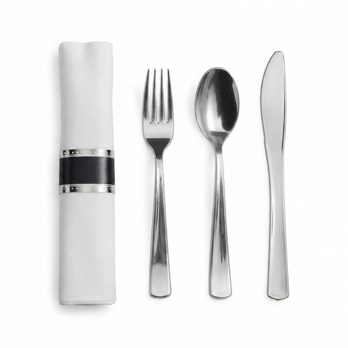 Glownary Silver White Plastic Dinnerware Set, 120 Settings with Plates, Flatware and Napkins, 6-10 Inch, Square, Disposable Party Wedding Tableware