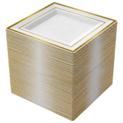 Glownary Halo Square Plastic Plates, 6 Inch, Ivory with Gold Bands, Disposable, BPA Free, for Events and Weddings, 120 Count