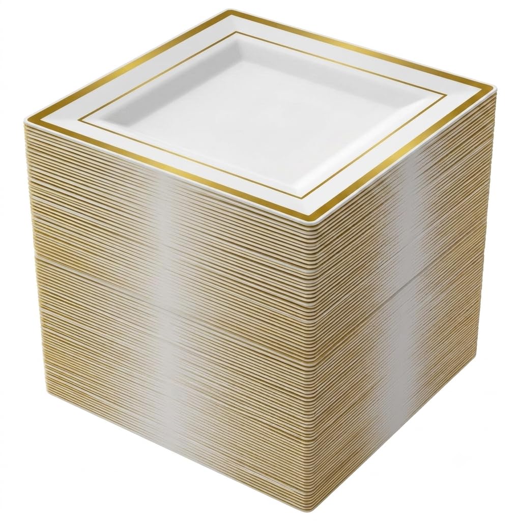 Glownary Halo Square Plastic Plates, 6 Inch, Ivory with Gold Bands, Disposable, BPA Free, for Events and Weddings, 120 Count