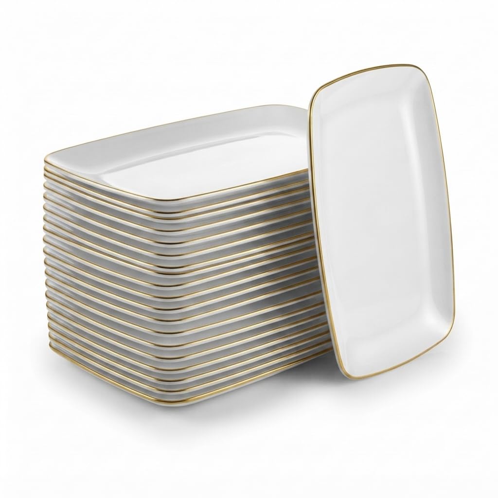 Glownary Coupe Dynasty Rectangular Plastic Platter, White with Gold Band, 9.5 x 6.25 Inches, BPA Free, Disposable, 120 per Case