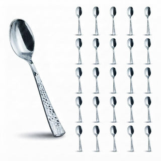Glownary Hammered Silver Plastic Spoons, 6.75 Inch Heavy Weight, Disposable Metallic Flatware for Weddings and Events, 50 Pack