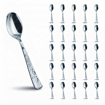 Glownary Hammered Silver Plastic Spoons, 6.75 Inch Heavy Weight, Disposable Metallic Flatware for Weddings and Events, 50 Pack
