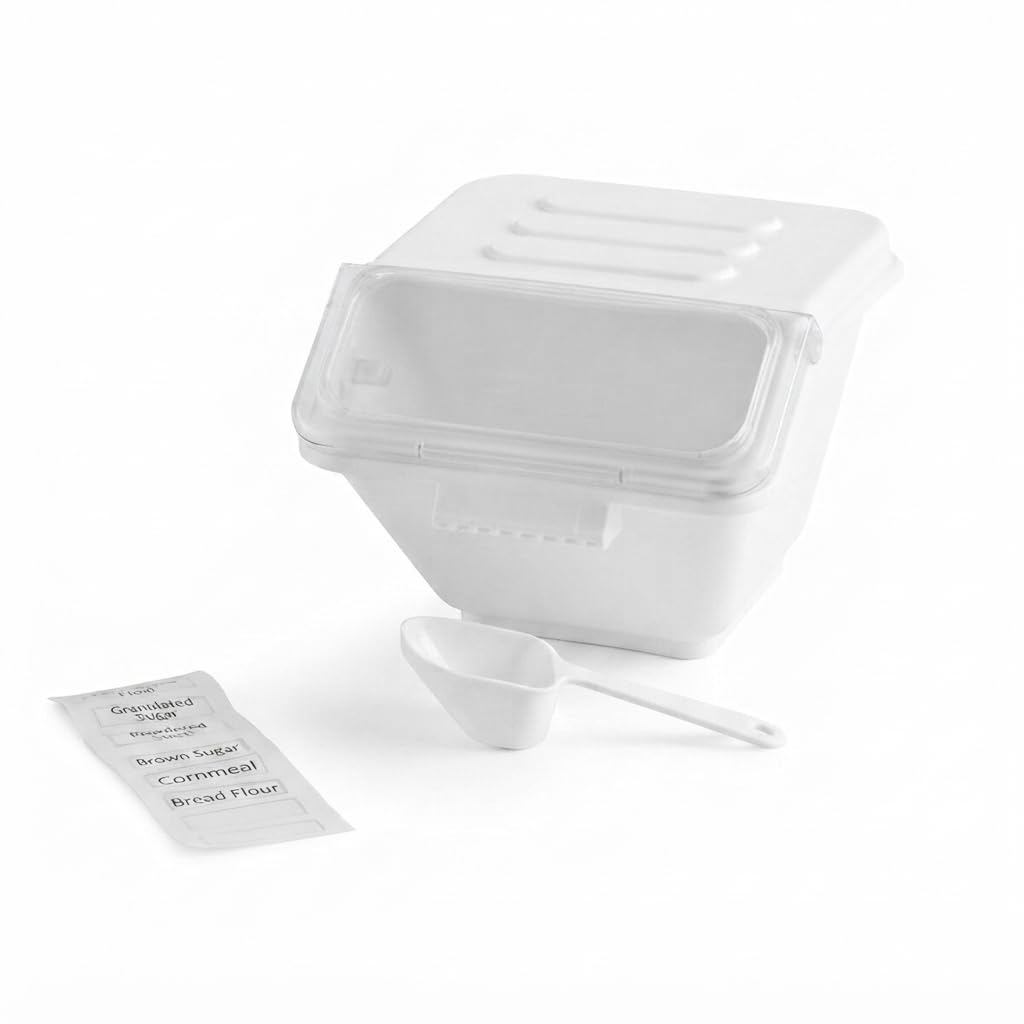 Glownary 2.6 Gallon Shelf Ingredient Storage Bin, Plastic Rectangle Container with Flip Lid, Clear Window, 12 lb Flour Capacity, Label Sheet and Scoop Included