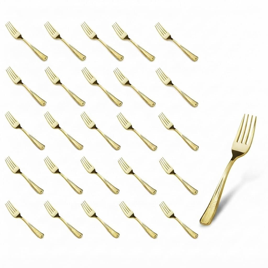 Glownary Skyline Gold Heavy Weight Plastic Fork, 7 Inch, 25 Pack, Elegant Metallic Design for Parties, Weddings, Catered Events