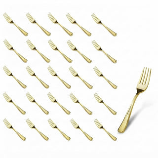 Glownary Skyline Gold Heavy Weight Plastic Fork, 7 Inch, 25 Pack, Elegant Metallic Design for Parties, Weddings, Catered Events
