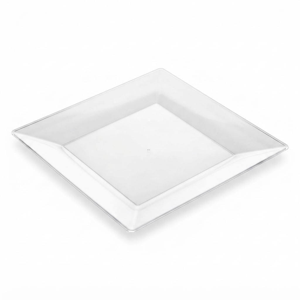 Glownary Square Clear Plastic Plates, 10 Inch, Polystyrene, Wide Rim, BPA Free, Disposable, for Events and Weddings, 10 Count