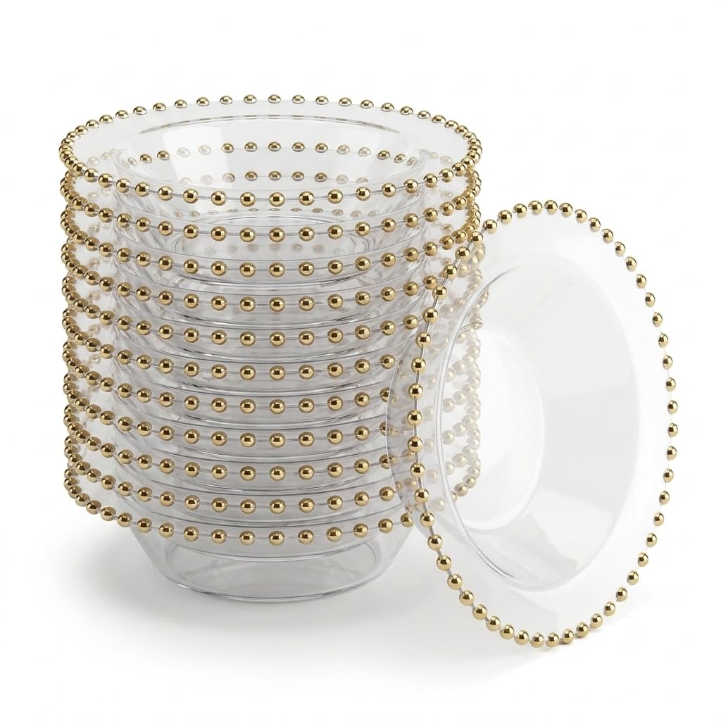 Glownary Beaded Clear Plastic Bowl, 14 oz, Round with Gold Rim, 7 Inch Diameter, BPA Free, Disposable, 120 Count