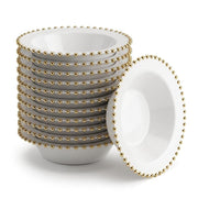 Glownary White Round Plastic Bowl with Gold Beaded Rim, 14 oz, 7 Inch Diameter, BPA Free, Disposable, 120 Count