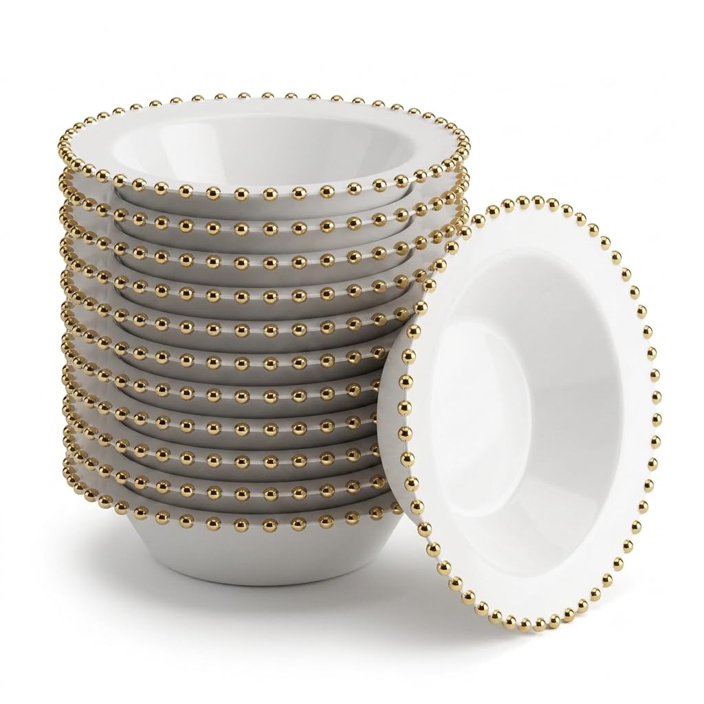 Glownary White Round Plastic Bowl with Gold Beaded Rim, 14 oz, 7 Inch Diameter, BPA Free, Disposable, 120 Count