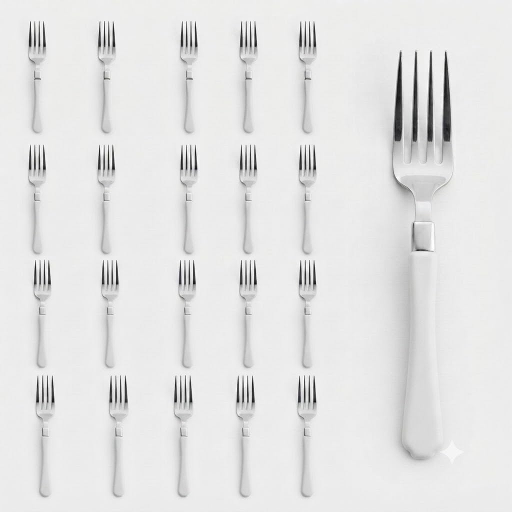 Glownary Empire Heavy Weight Plastic Fork, 7 Inch, White Handle, Silver Appearance, 20 Pack