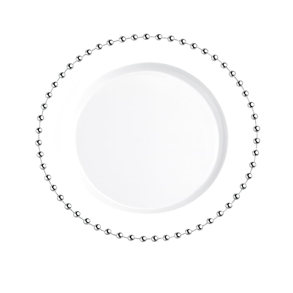 Glownary 9 Inch White Plastic Plate with Silver Beaded Rim, Round Disposable Salad Plate, Elegant Wedding and Party Dinnerware, BPA Free, 120 Count