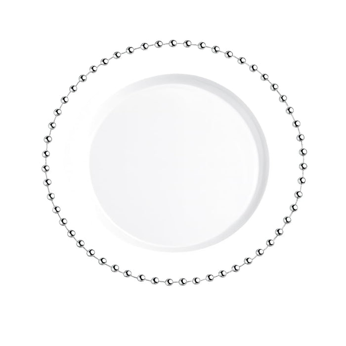 Glownary 9 Inch White Plastic Plate with Silver Beaded Rim, Round Disposable Salad Plate, Elegant Wedding and Party Dinnerware, BPA Free, 120 Count