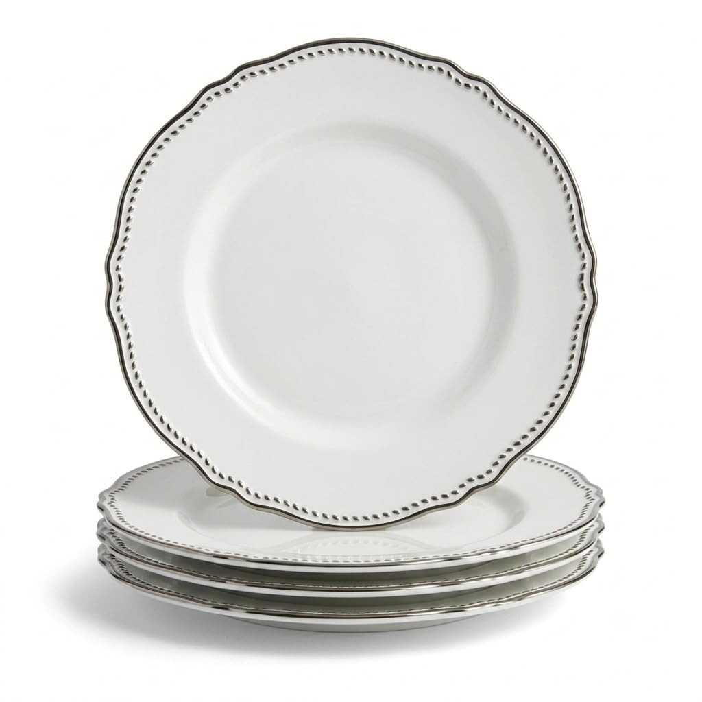 Glownary Heirloom White Round Plastic Plates with Silver Rim, 9 Inch, BPA Free, Disposable, 120 Count, for Weddings and Events