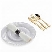 Glownary Gold Wave Plastic Dinnerware Set, 144 Place Settings with White Plates, Classic Rolled Flatware, Napkins, 6-10 Inch Plates, for Weddings and Events