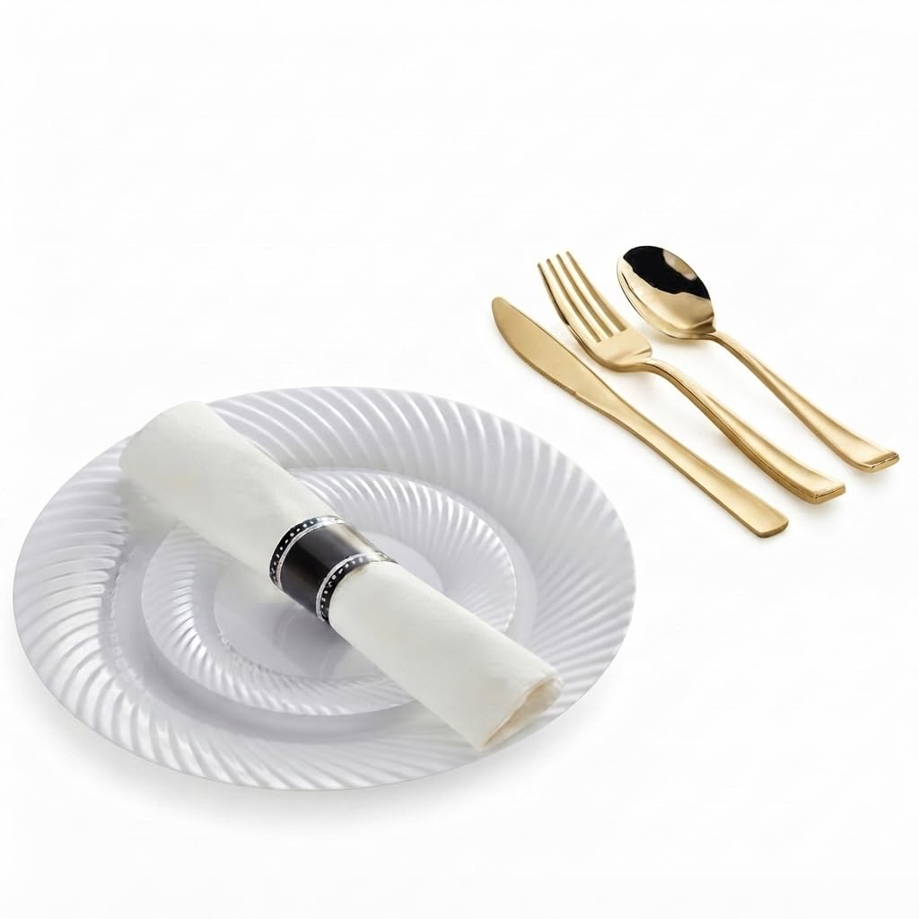 Glownary Gold Wave Plastic Dinnerware Set, 144 Place Settings with White Plates, Classic Rolled Flatware, Napkins, 6-10 Inch Plates, for Weddings and Events