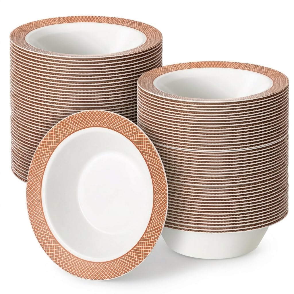Glownary White Plastic Bowl with Rose Gold Lattice Design, 12 oz Capacity, 7.25 Inch Diameter, BPA Free, Disposable, 150 Count