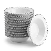 Glownary White Round Plastic Bowl with Silver Beaded Rim, 14 oz, 7 Inch Diameter, BPA Free, Disposable, 120 Count