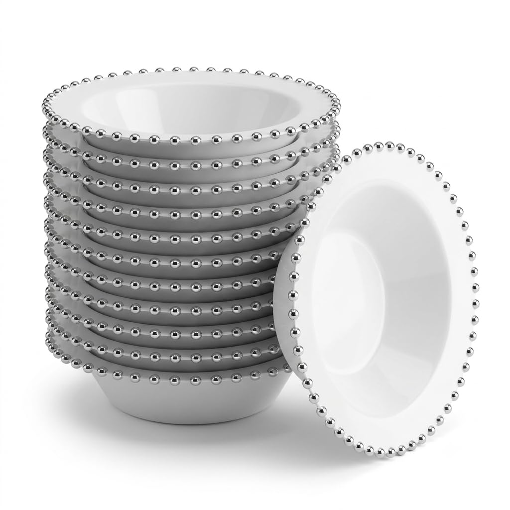 Glownary White Round Plastic Bowl with Silver Beaded Rim, 14 oz, 7 Inch Diameter, BPA Free, Disposable, 120 Count