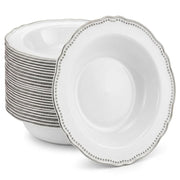 Glownary Heirloom Round Plastic Bowl, White with Silver Rim, 10 oz, 7.5 Inch Diameter, BPA Free, Disposable, 120/Case