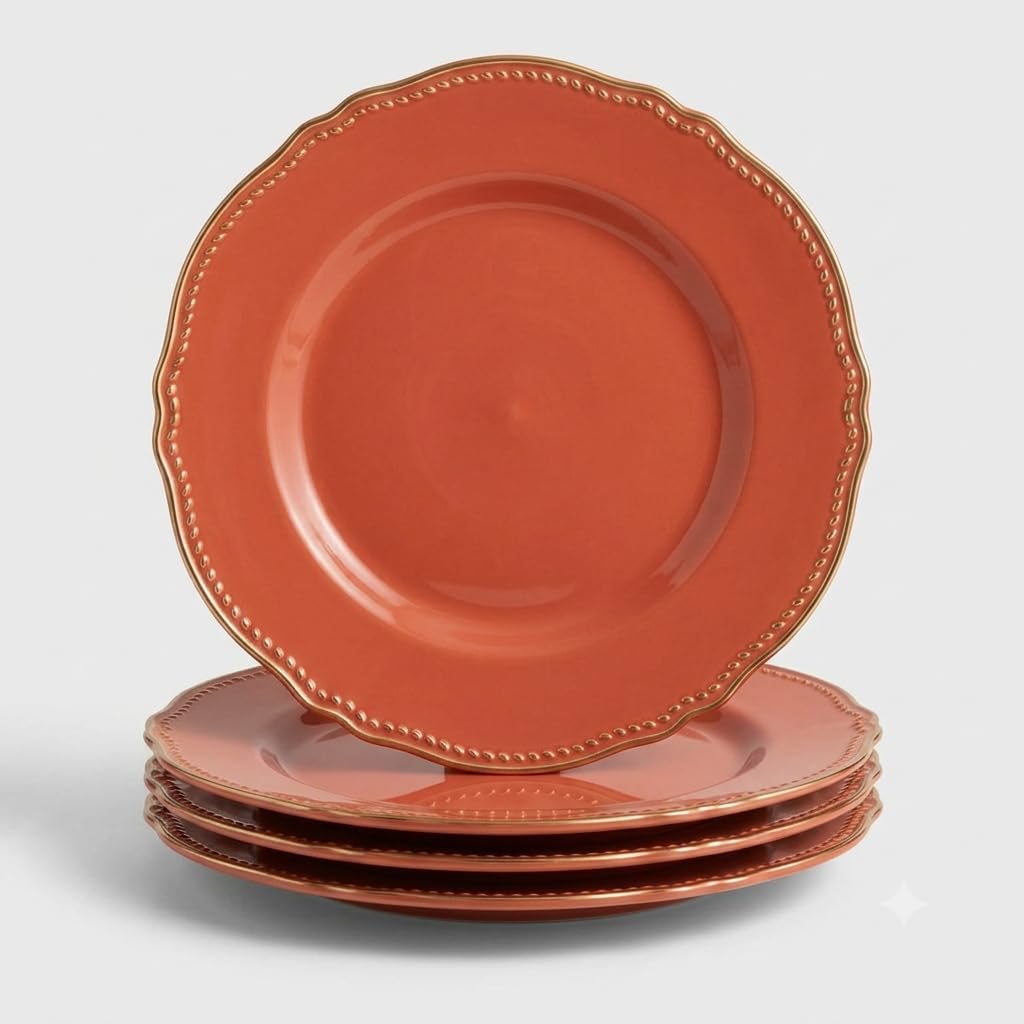 Glownary Heirloom Terra Cotta Round Plastic Plates, 9 Inch, Gold Vintage Rim, BPA Free, for Events and Weddings, 120 Count