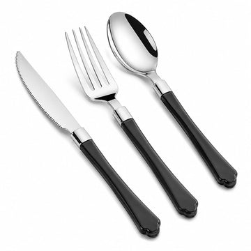 Glownary Heavy Weight Black Handled Plastic Cutlery Set, Silver Finish, 20 Piece Kit with Fork Knife Spoon, 6-7.5 Inches, Disposable Flatware for Parties, Weddings, Catering