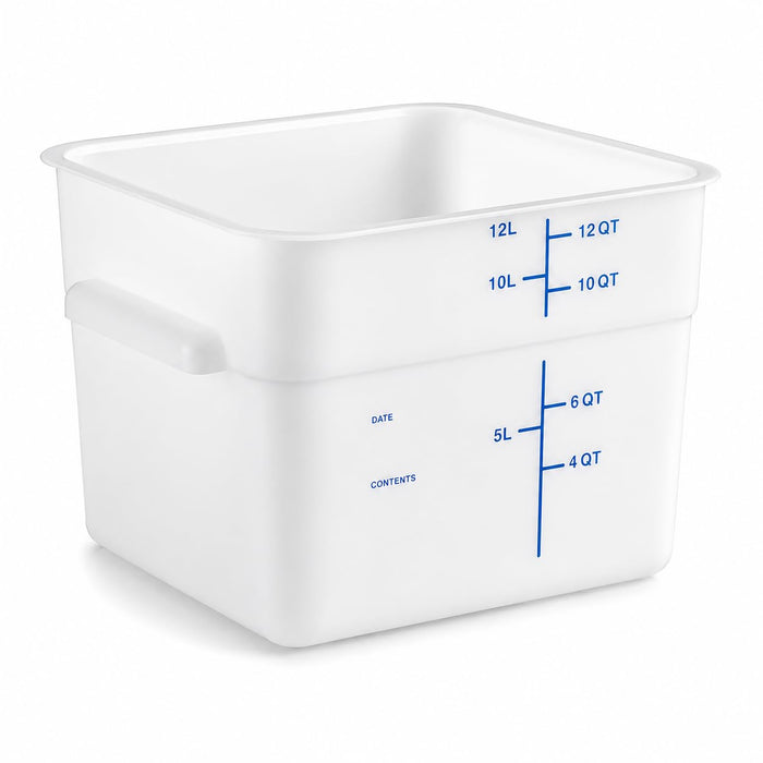 Glownary 12 Qt Square Food Storage Container, White Polyethylene, Blue Graduations, NSF Listed, BPA Free, 11.1x11.1x8.2 Inches, Commercial Grade