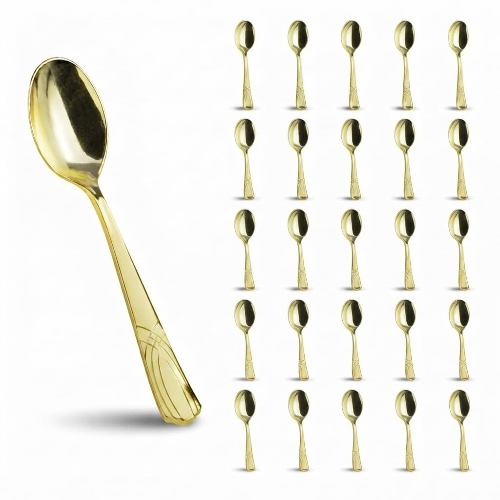 Glownary Skyline Gold Plastic Spoons, Heavy Weight, 6.5 Inch, Elegant Metallic Finish, 25 Count, for Banquets and Catered Events