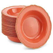 Glownary Heirloom Terra Cotta Round Plastic Bowl, 10 oz, Gold Vintage Rim, BPA Free, Disposable, 7.5 Inch Diameter, 120 Count