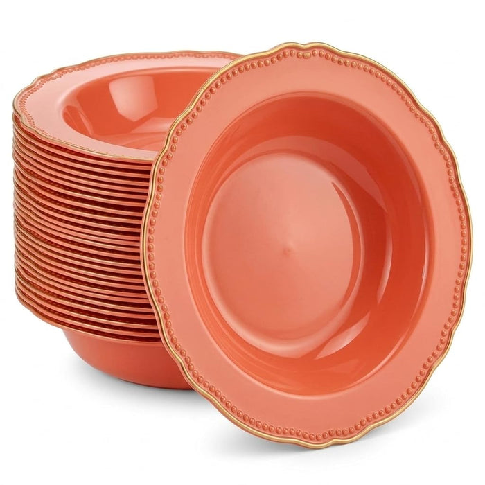 Glownary Heirloom Terra Cotta Round Plastic Bowl, 10 oz, Gold Vintage Rim, BPA Free, Disposable, 7.5 Inch Diameter, 120 Count