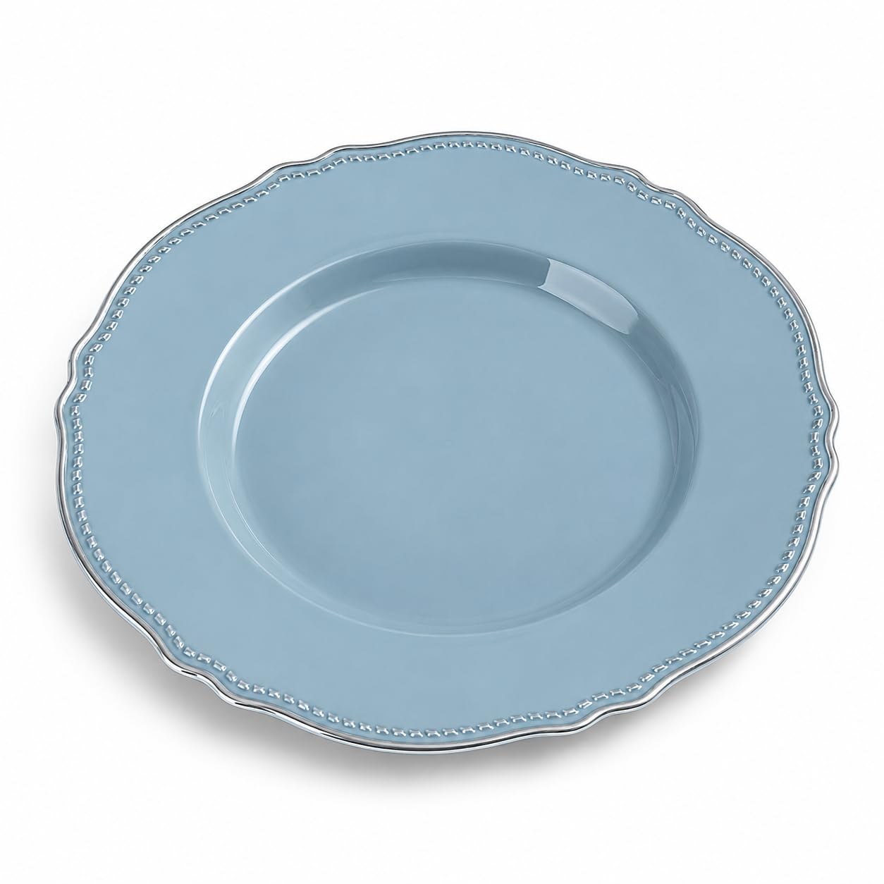 Glownary Heirloom 10-Inch Steel Blue Round Plastic Plates with Silver Vintage Rim, BPA Free, Disposable Dinner Plates for Wedding and Events, 12 Count