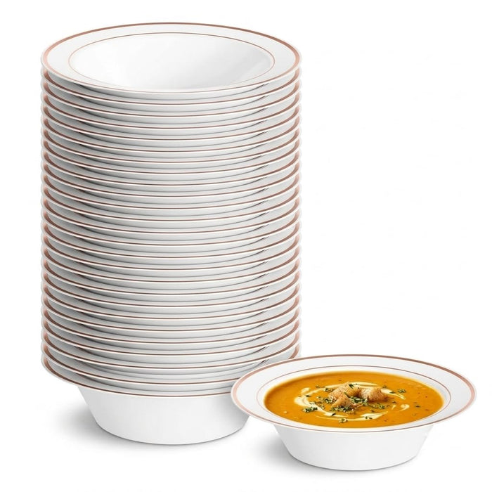 Glownary White Plastic Bowl with Rose Gold Bands, 12 oz, 7.25 Inch Diameter, Round, BPA Free, Disposable, 150 Count