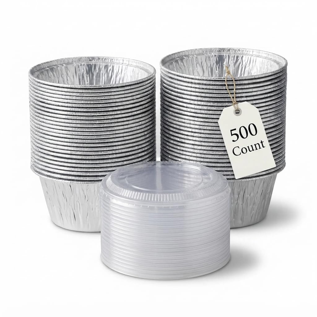 4 oz Round Aluminum Foil Ramekin Cups with Plastic Lids, Stackable Disposable Containers for Sauces and Desserts, 500 Count