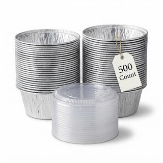 4 oz Round Aluminum Foil Ramekin Cups with Plastic Lids, Stackable Disposable Containers for Sauces and Desserts, 500 Count