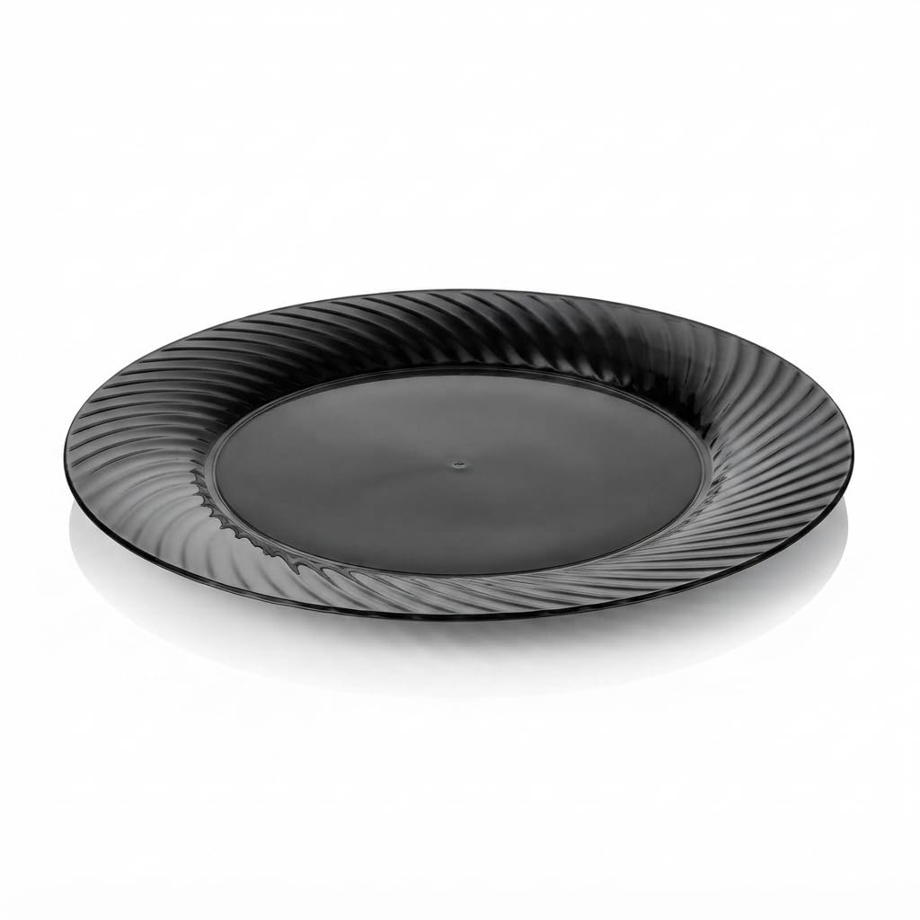 Glownary Wave 10 Inch Black Plastic Dinner Plate, Round Polystyrene, Scalloped Edge, BPA Free, for Events and Weddings, 18 Count