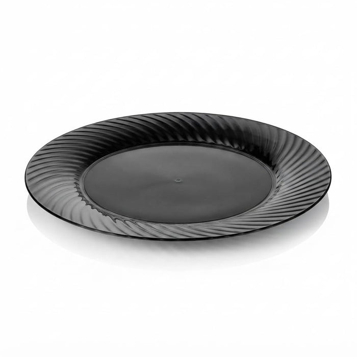 Glownary Wave 10 Inch Black Plastic Dinner Plate, Round Polystyrene, Scalloped Edge, BPA Free, for Events and Weddings, 18 Count