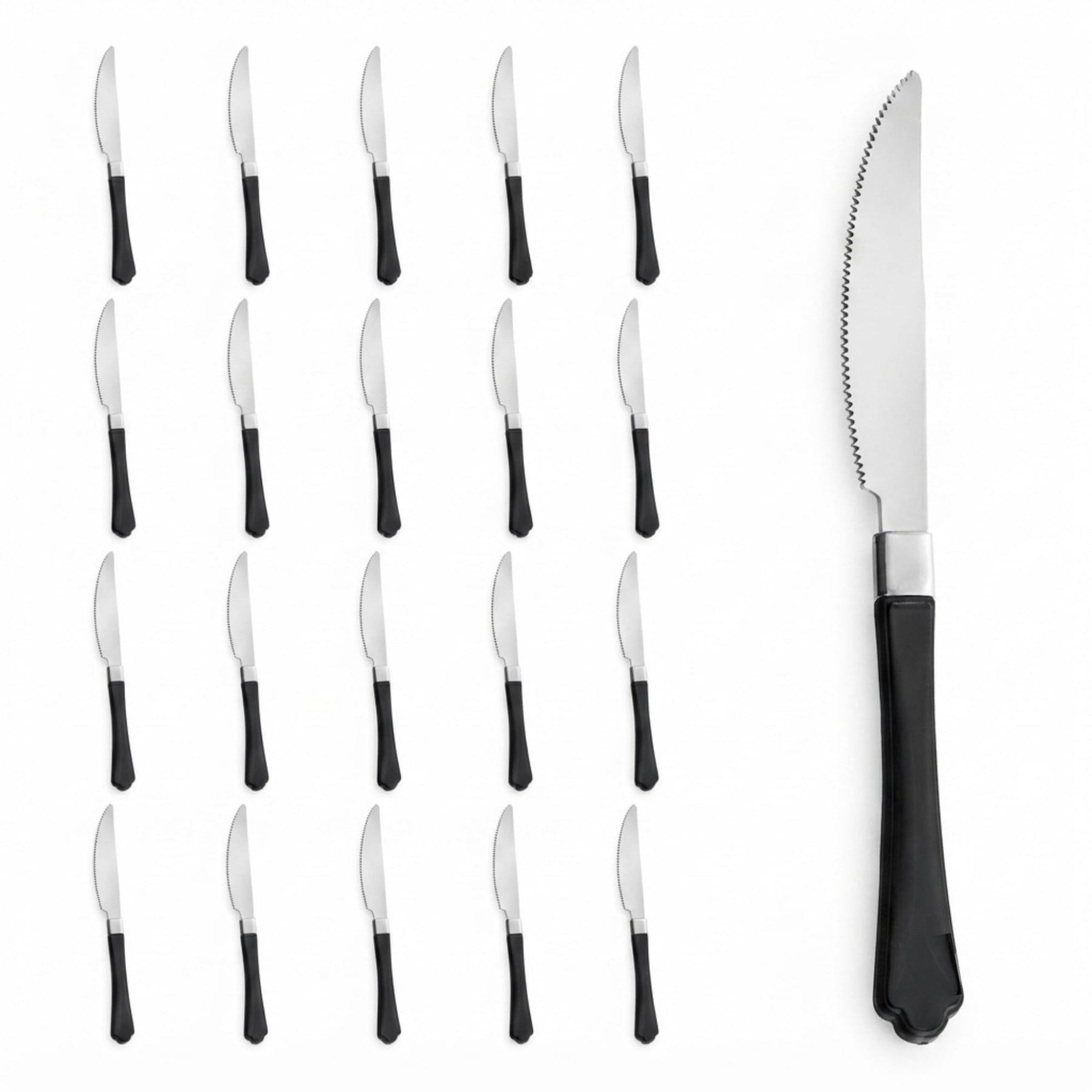 Glownary Empire Heavy Weight Plastic Knife, 7.5 Inch, Black Handle, Silver Finish, 20 Pack, Disposable Cutlery for Parties and Events