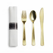 Glownary Gold White Plastic Dinnerware Set, 120 Settings with Pre-Rolled Cutlery, Square Plates, Flatware for Events and Weddings, Heavy Duty, Banded Design