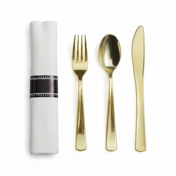 Glownary Gold White Plastic Dinnerware Set, 120 Settings with Pre-Rolled Cutlery, Square Plates, Flatware for Events and Weddings, Heavy Duty, Banded Design