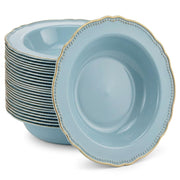 Glownary Heirloom Steel Blue Plastic Bowl with Silver Vintage Rim, 10 oz, Round, BPA Free, Disposable, 120 Count