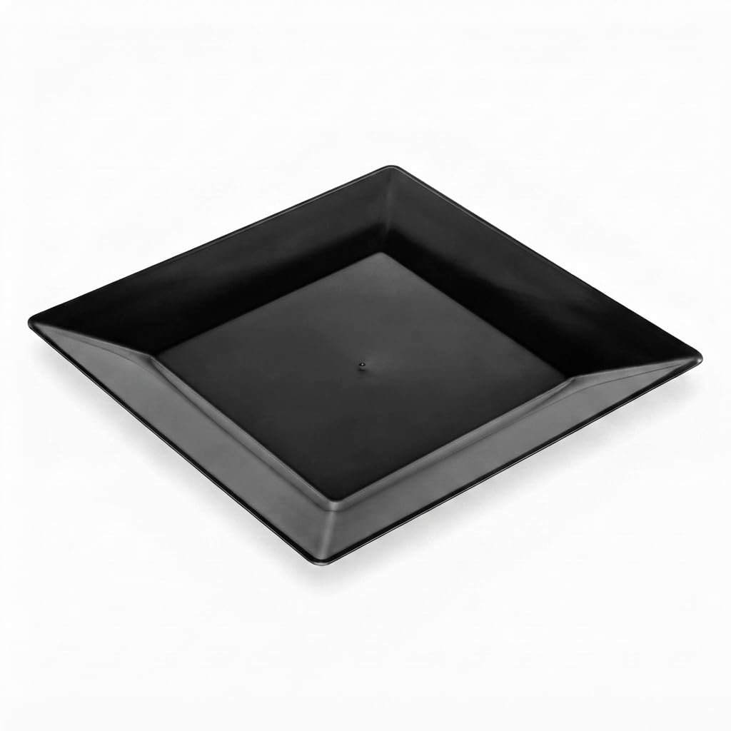 Glownary Square Black Plastic Dinner Plates, 10 Inch, BPA Free, Wide Rim, Recyclable Polystyrene, for Events and Weddings, 10 Count