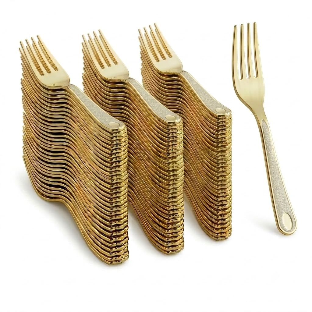 Glownary Heavy Weight Gold Plastic Forks, 7.25 Inch, Metallic Finish, Disposable Flatware for Weddings and Catering, 400 Count