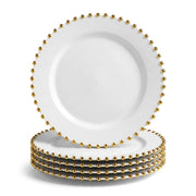 Glownary 10-Inch White Round Plastic Plates with Gold Beaded Rim, Disposable Dinner Plates for Events and Weddings, BPA Free, 12 Count