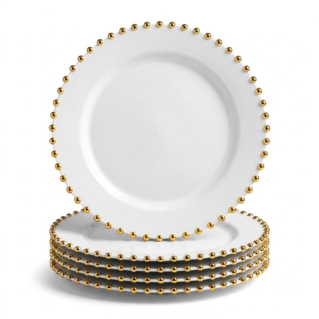 Glownary 10-Inch White Round Plastic Plates with Gold Beaded Rim, Disposable Dinner Plates for Events and Weddings, BPA Free, 12 Count