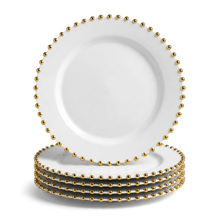 Glownary 10-Inch White Round Plastic Plates with Gold Beaded Rim, Disposable Dinner Plates for Events and Weddings, BPA Free, 12 Count