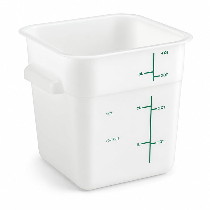 Glownary 4 Qt Square Food Storage Container, White Polyethylene with Green Graduations, NSF Listed, BPA Free, Stackable, 7.1x7.1x7.3 Inches, Commercial Grade