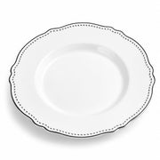 Glownary Heirloom Round Plastic Plates, 10 Inch White with Silver Vintage Rim, BPA Free Disposable Dinner Plates for Events and Weddings, 12 Count